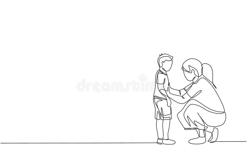 One continuous line drawing of young mother giving some wise advice talk to her son at home, family life. Happy parenting concept. Dynamic single line draw design vector graphic illustration