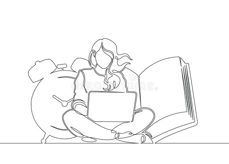 One continuous single drawn line art doodle girl working on laptop royalty free illustration One continuous single drawn line art doodle girl working on laptop royalty free illustration