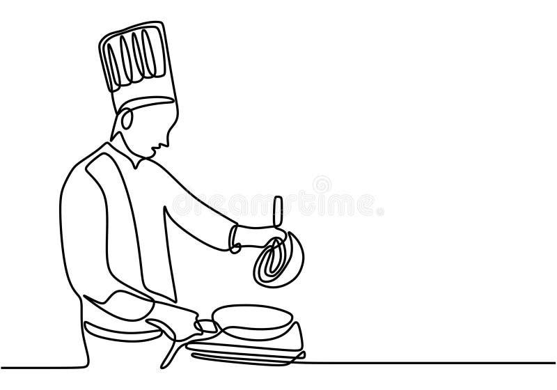 One Continuous single line drawing of chef cooking vector illustration