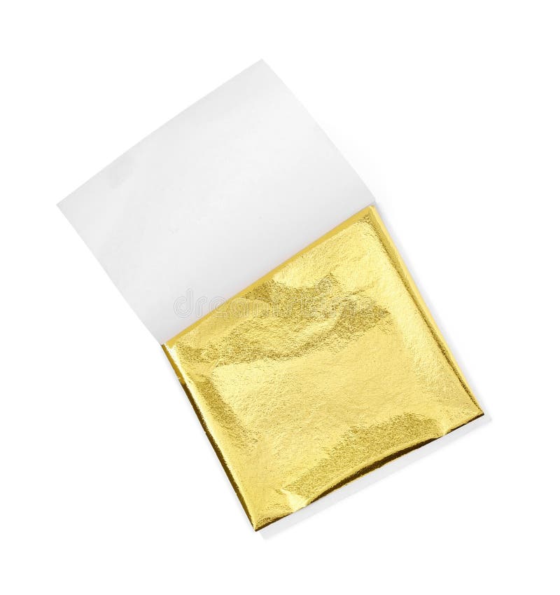 One Edible Gold Leaf Sheet Isolated on White, Top View Stock Photo