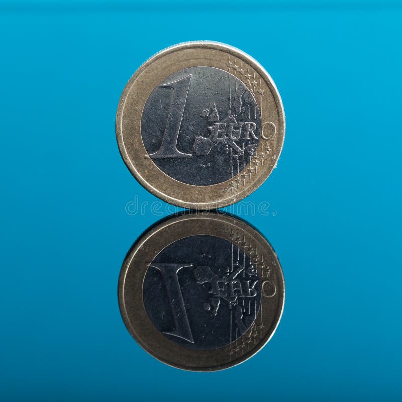 One Euro Money Coin On Blue With Reflection Stock Image Image of coin