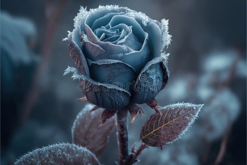 One frozen blue rose hidden in bush with ice crystals by AI generated