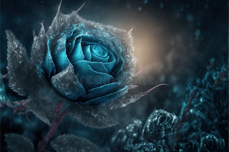 One frozen blue rose hidden in bush with ice crystals by AI generated