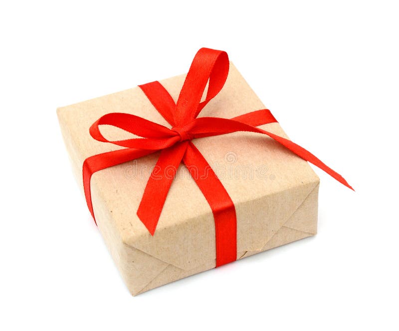 One gift christmas box wrapped with kraft paper and red bow