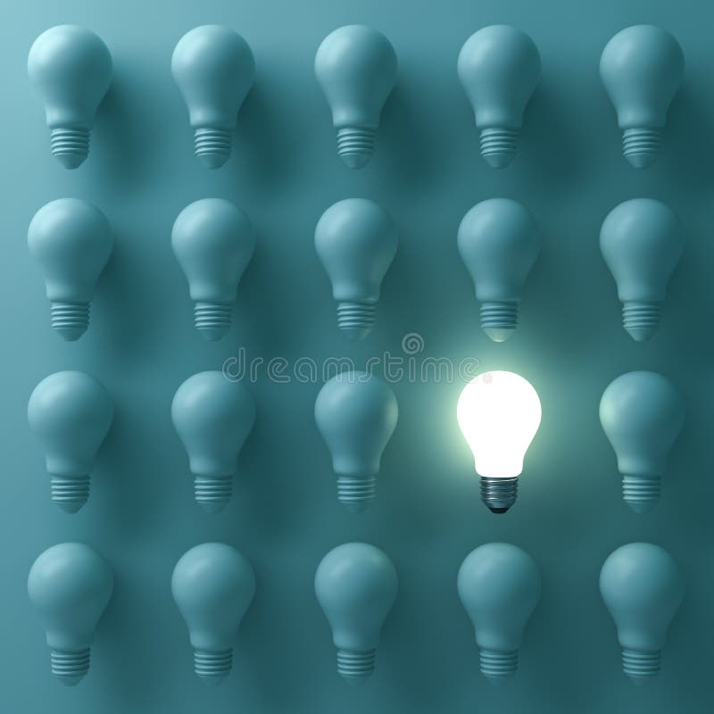 One glowing light bulb standing out from the unlit incandescent bulbs on green background