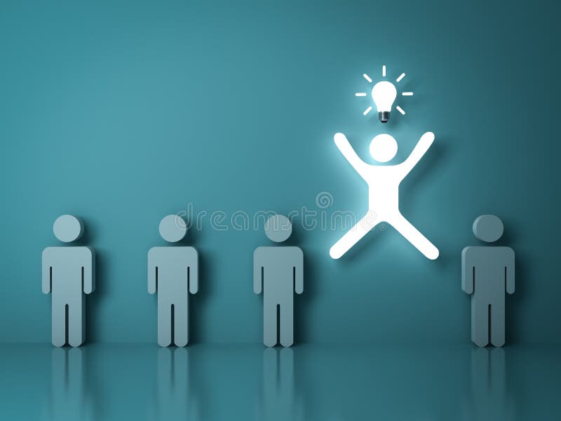 One glowing light man jumping with an idea bulb among other people royalty free illustration One glowing light man jumping with an idea bulb among other people royalty free illustration