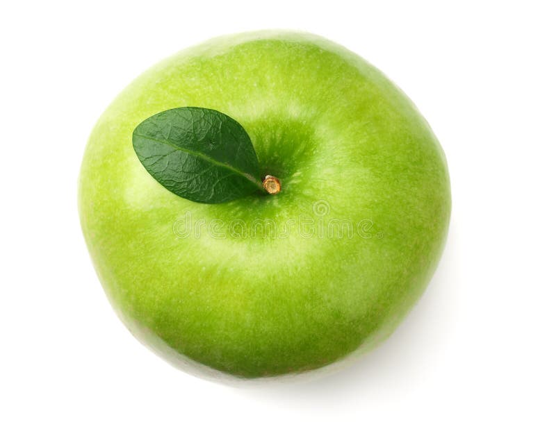 one green apple isolated on white background. top view