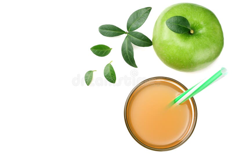 One Green Apple with Apple Juice Isolated on White Background. Top View
