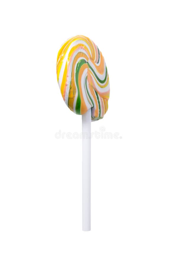 One Green and Yellow Caramel Candy on a Stick Side View Isolated on White Stock Photo Image of