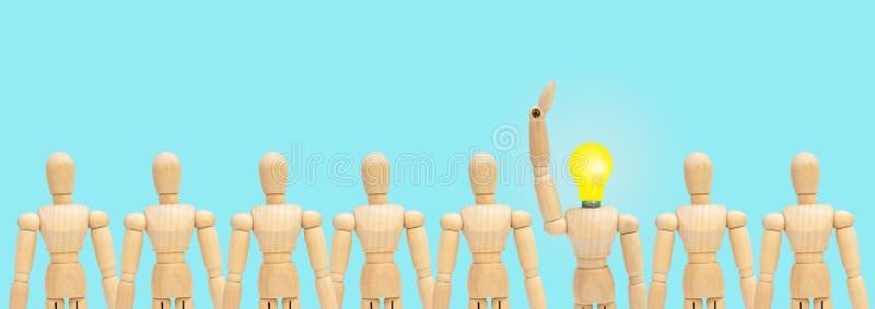 One in group of wooden figure mannequin rise hand up on blue background. royalty free stock image One in group of wooden figure mannequin rise hand up on blue background. royalty free stock image