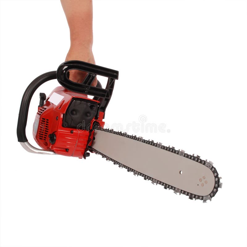 By One Hand Holding a Chainsaw Stock Photo Image of chain, white