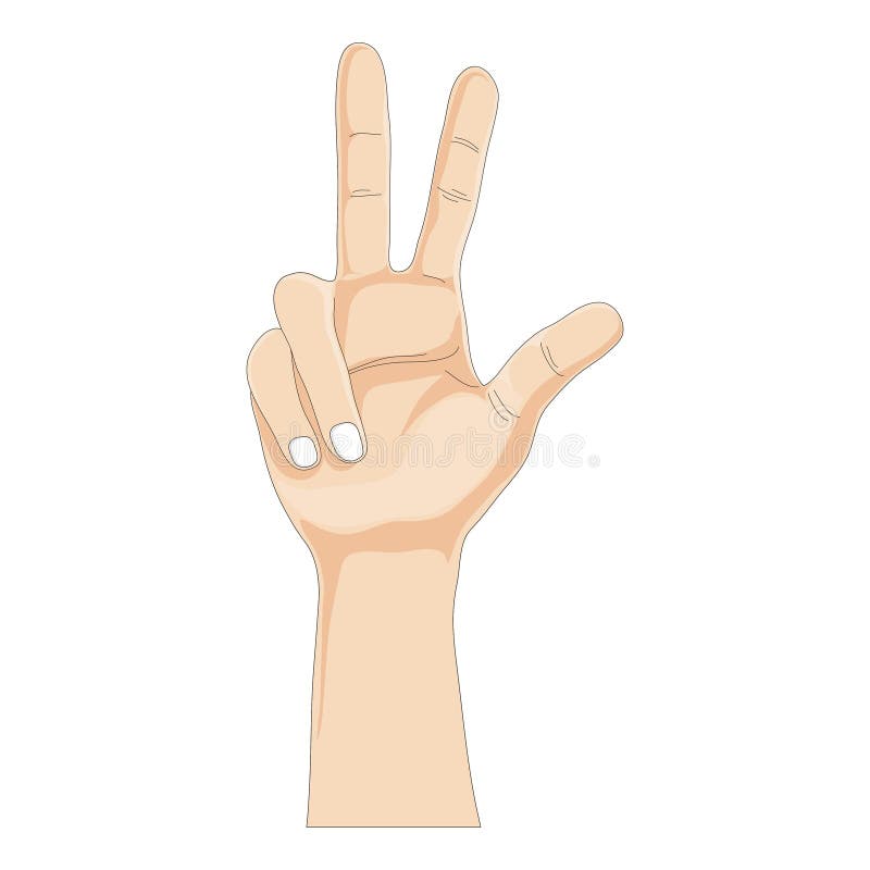 One Hands showing three fingers on white background, Vector illustration three finger gesture sign, Cartoon Hand showing number 3