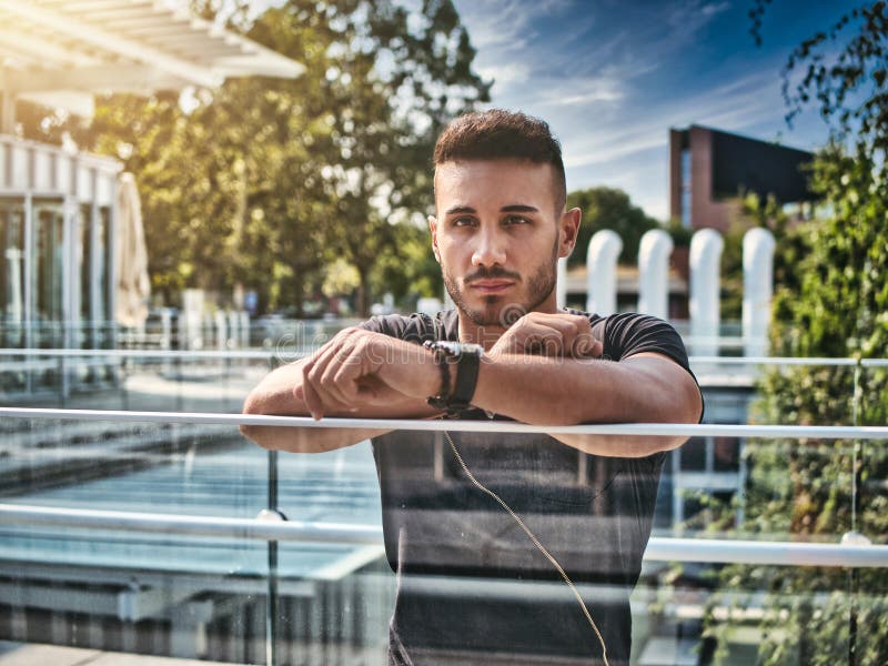 Handsome Young Man on City Brick Wall Stock Image - Image of model ...