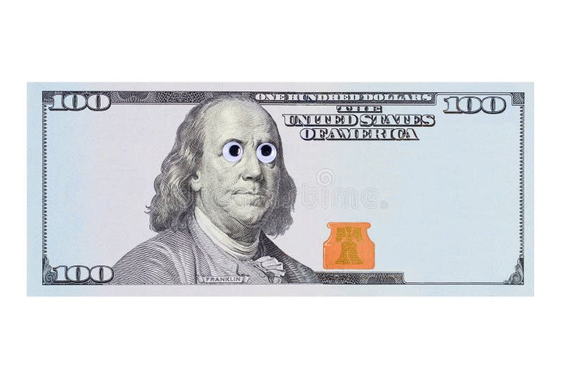 One hundred dollar banknote with portrait of Benjamin Franklin with strange eyes and copy space for your inscription and