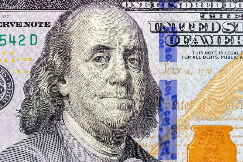 One Hundred Dollar Bill Close-up. President Benjamin Franklin on a ...