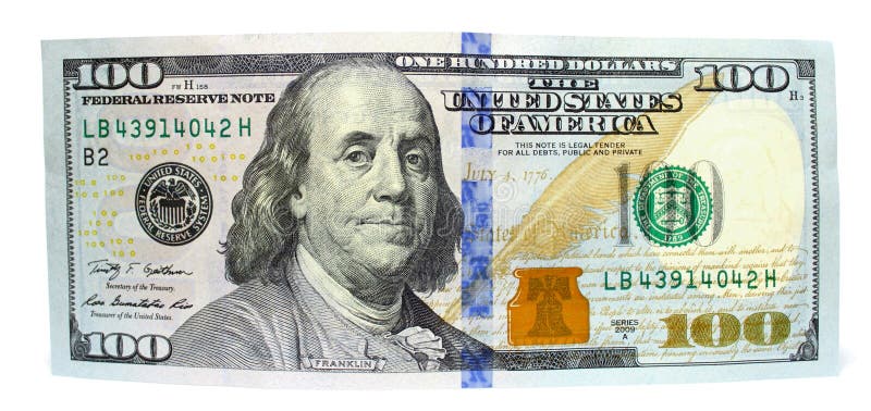 One hundred dollars and one dollar closeup on white background