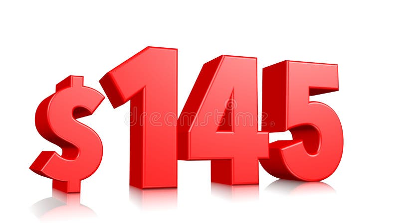 145$ One hundred forty five price symbol. red text 3d render with dollar sign on white background royalty free illustration 145$ One hundred forty five price symbol. red text 3d render with dollar sign on white background royalty free illustration