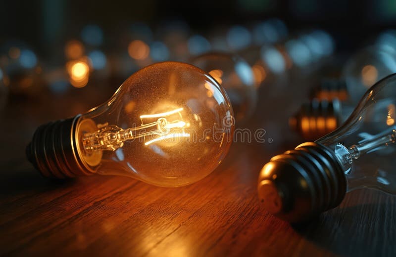 One illuminated light bulb glows brightly on wooden surface. Many dark bulbs are in background. Low light scene, focus on single royalty free illustration