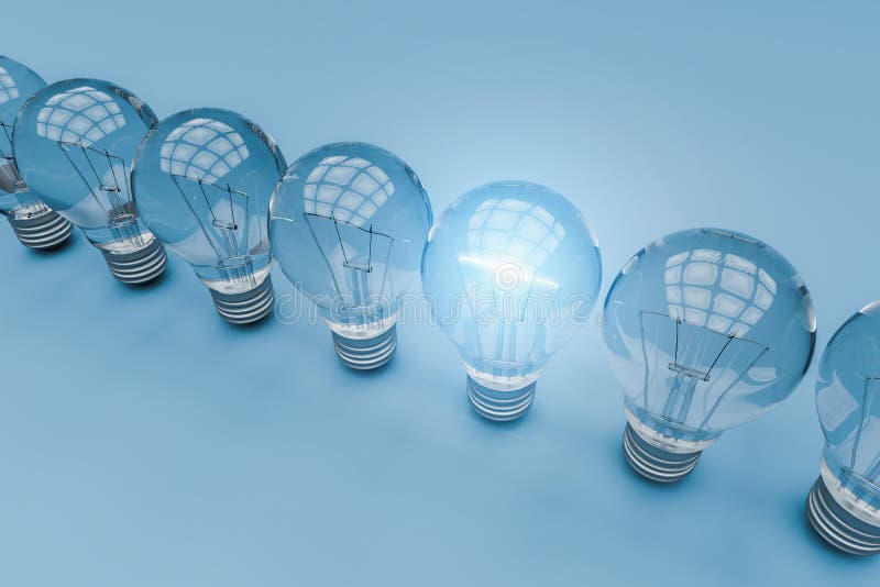 One light bulb standing out from other bulbs,3d rendering vector illustration