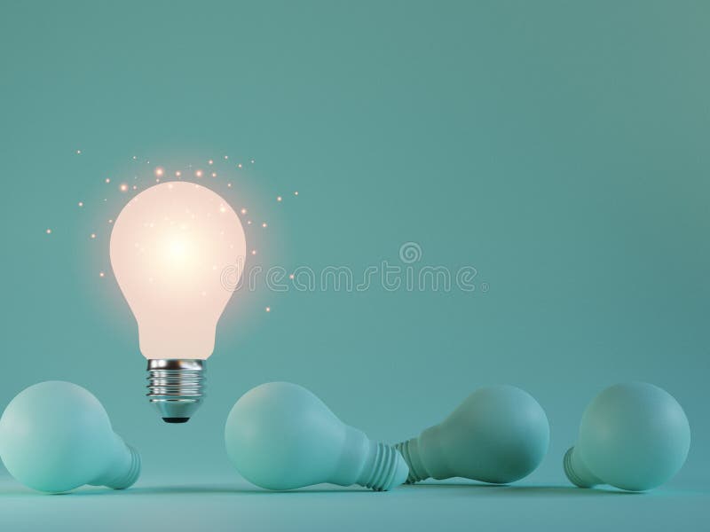 One of Lightbulb glowing among shutdown light bulb in dark area with copy space for creative thinking , problem solving solution royalty free illustration.