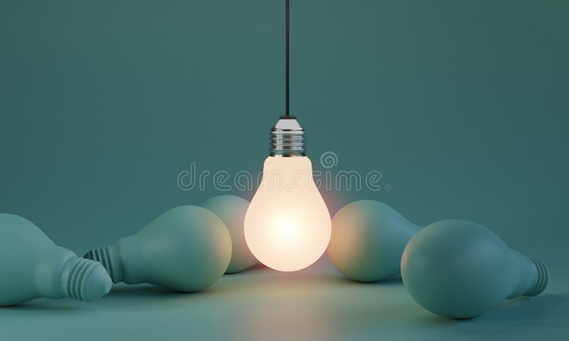 One of Lightbulb glowing among shutdown light bulb in dark area with copy space for creative thinking , problem solving solution vector illustration