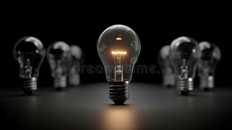 One of Lightbulb glowing among shutdown light bulb in dark area with copy space for creative thinking , problem solving solution royalty free illustration