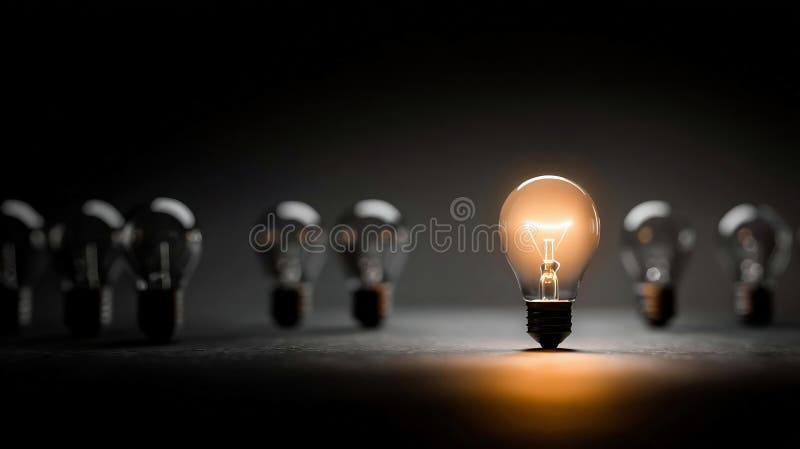 One of Lightbulb glowing among shutdown light bulb in dark area with copy space for creative thinking , problem solving solution royalty free illustration