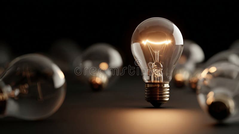 One of Lightbulb glowing among shutdown light bulb in dark area with copy space for creative thinking , problem solving solution royalty free illustration