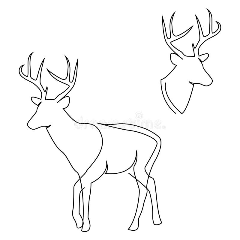 One line design silhouette of deer. Set of full height and head. Hand drawn single continuous line minimalism style