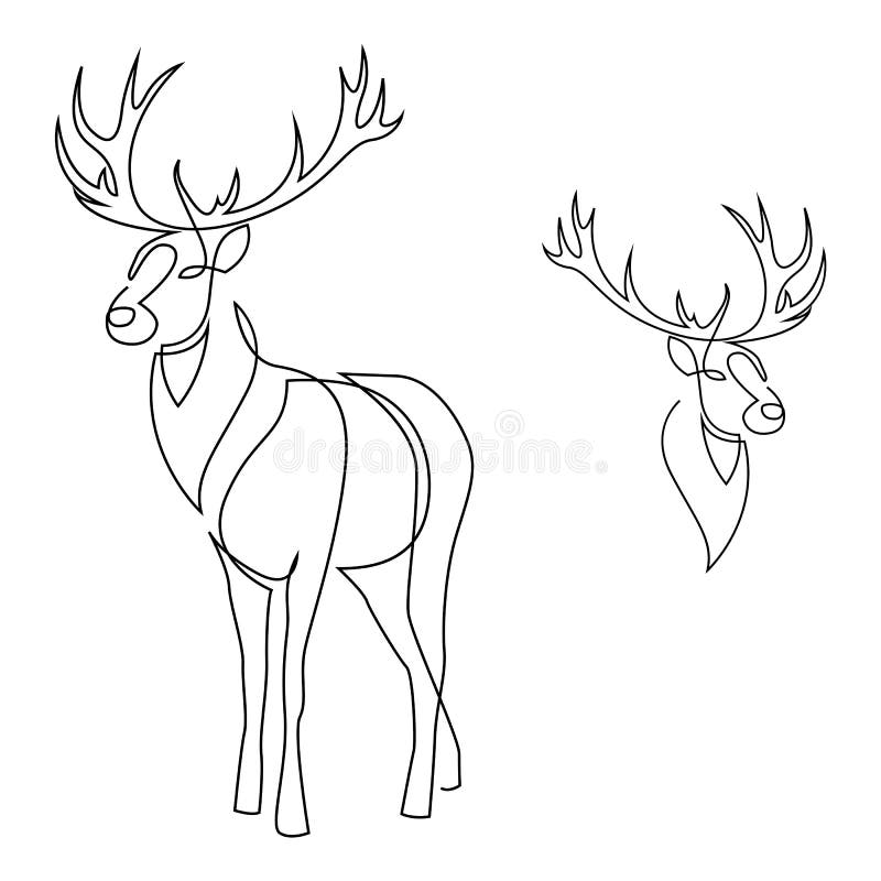 One line design silhouette of deer. Set of full height and head. Hand drawn single continuous line minimalism style