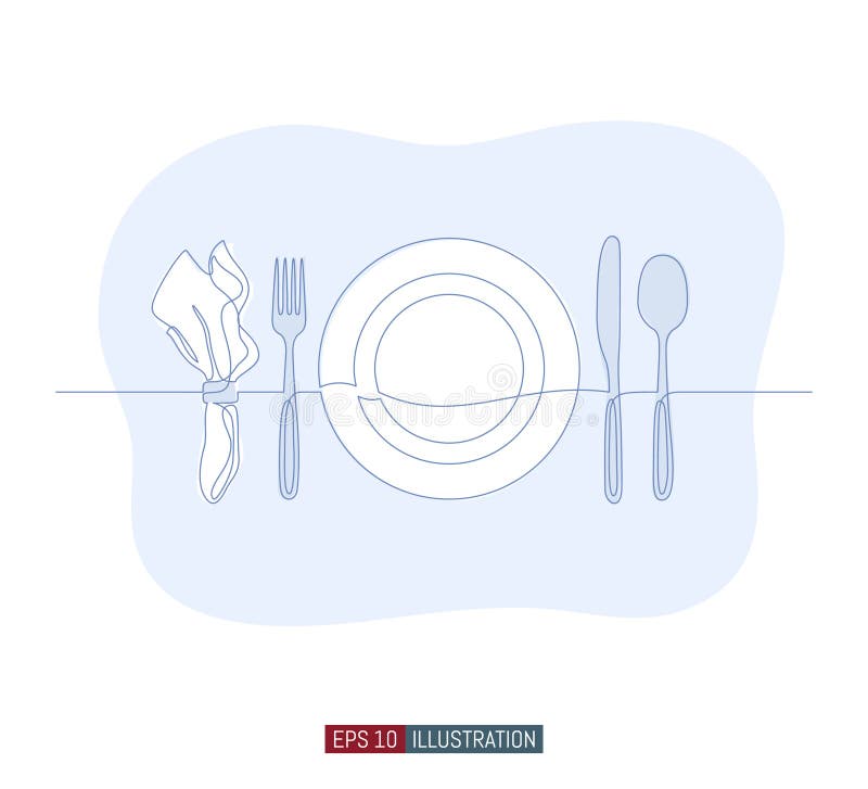 Continuous line drawing of hand drawn plate, napkin, fork and knife. Vector illustration. royalty free illustration