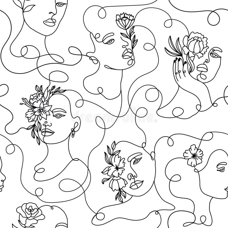 Vector black and white one line drawing abstract face seamless pattern  background good use for fabric textile wallpaper  CanStock
