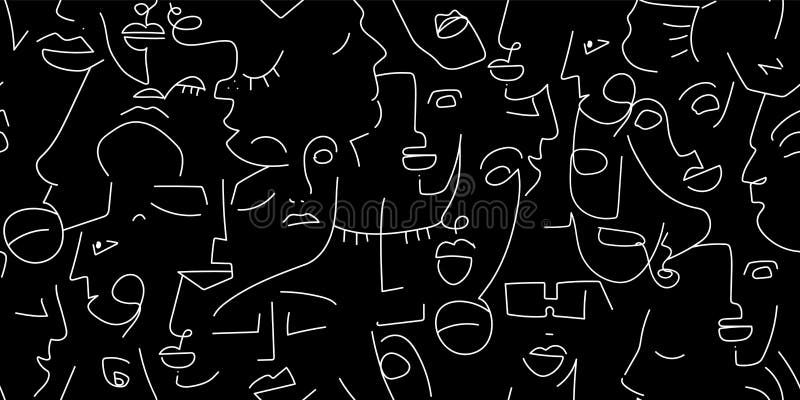 One Line Drawing Black White Face Seamless Pattern Stock Vector