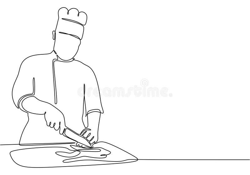 One-line drawing chef man putting spices into a plate in the kitchen vector illustration
