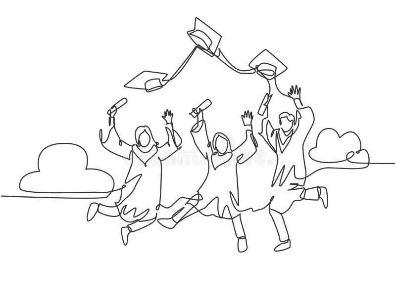 One Line Drawing Group Of Young Happy Graduate Male And Female College