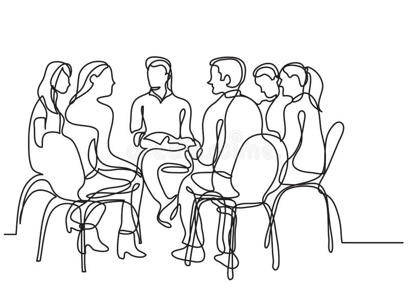 One line drawing of group of young people talking