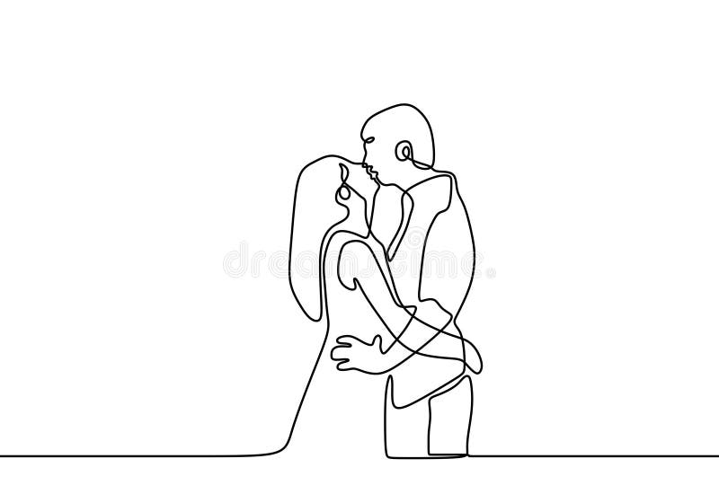 Single one line drawing cute couple in romantic pose. Happy man