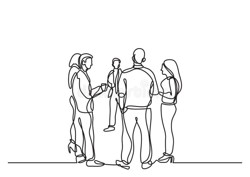 One line drawing of office party with people standing and talking