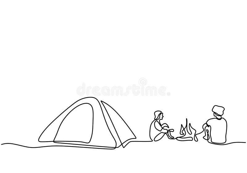 One line drawing people camping. Young man enjoy outdoor activity with tents and campfire. Adventure camping and exploration.