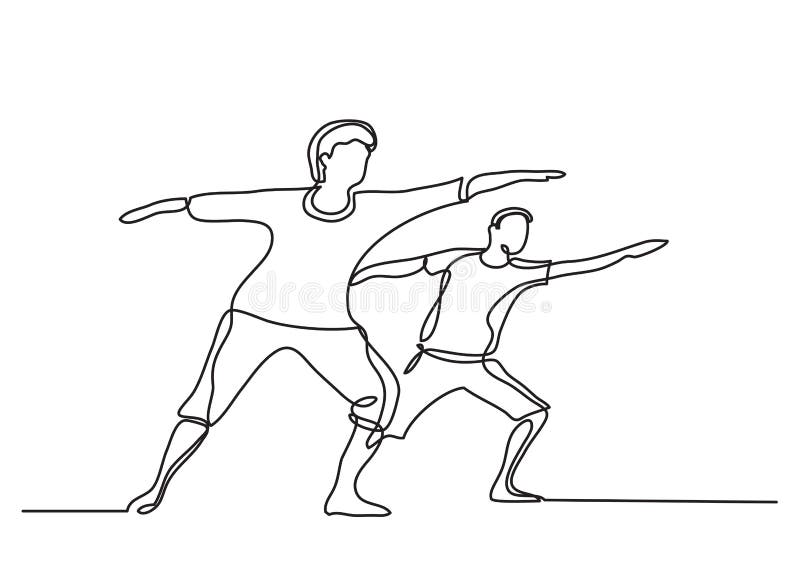 One line drawing of seniors doing exercise - vector linear illustration