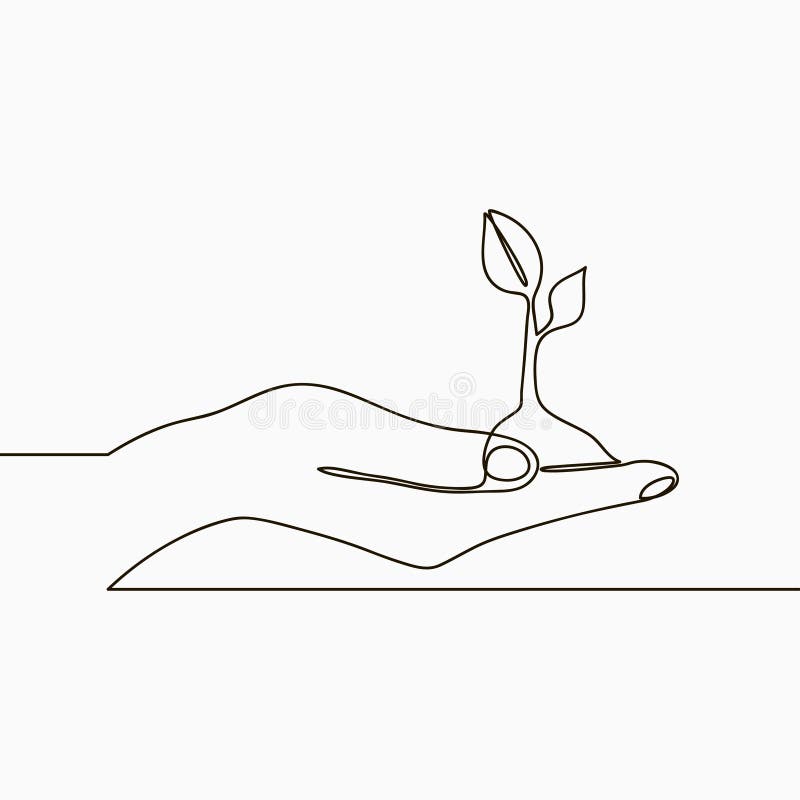 One line drawing of sprout in hand. Continuous line growing plant in hand palm. Hand-drawn illustration.