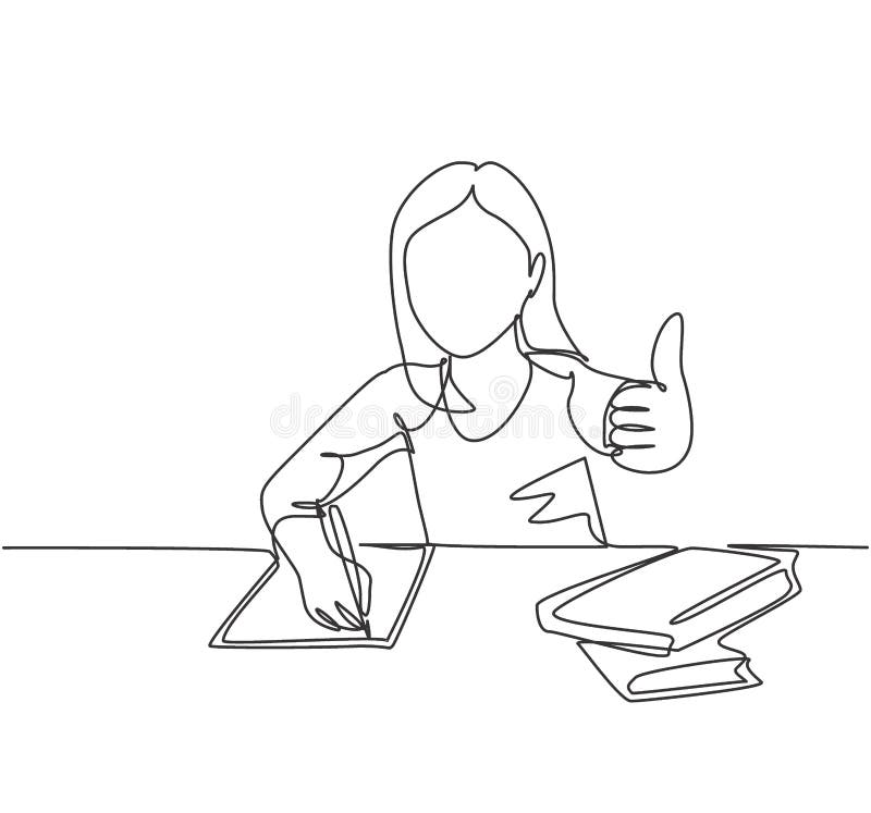 One Line Drawing of Young Happy Elementary School Girl Student Studying