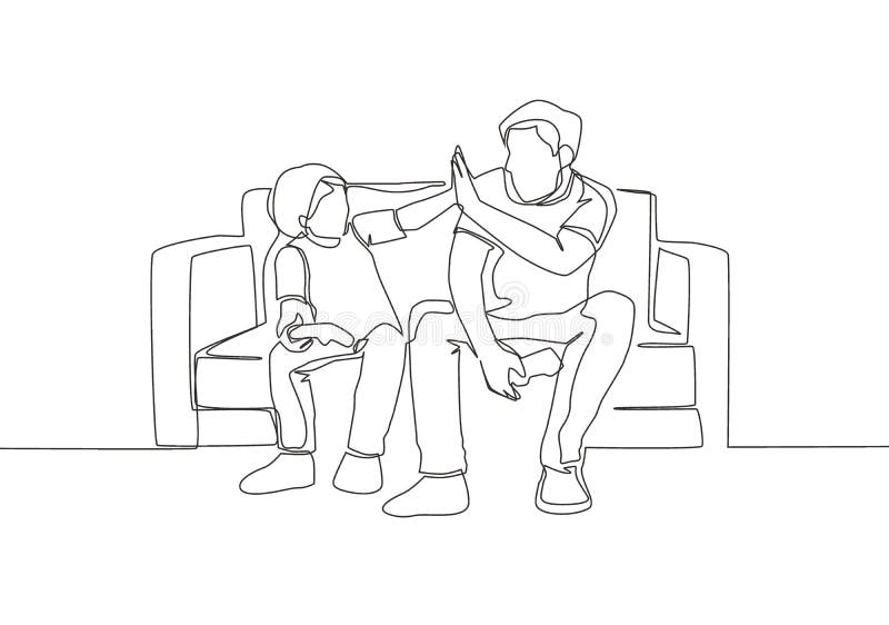 One line drawing of young happy father have fun playing console video game with his daughter on the couch together. Parenting family concept. Continuous line draw design vector illustration