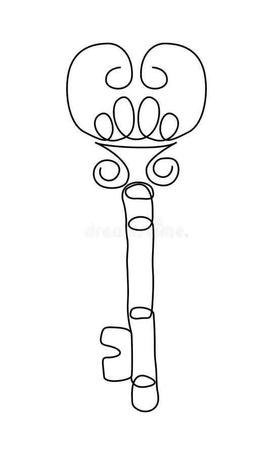 One Line Key Drawing. Continuous Line Art of Antique Old Key for Real