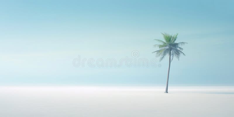 One lonely palm tree on a white beach. Calm sae with mist. Tranquil seashore landcsape. Generative AI. Tree landcsape stock images, royalty-free photos and pictures