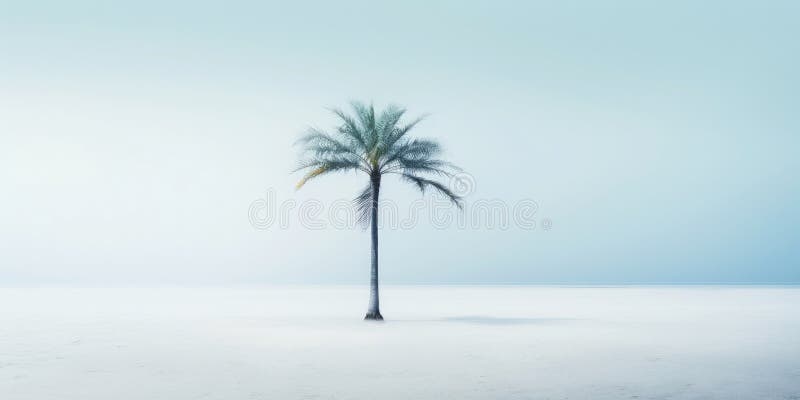 One lonely palm tree on a white beach. Calm sae with mist. Tranquil seashore landcsape. Generative AI. Tree landcsape stock images, royalty-free photos and pictures