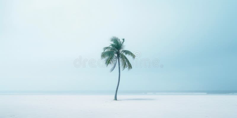 One lonely palm tree on a white beach. Calm sae with mist. Tranquil seashore landcsape. Generative AI. Tree landcsape stock images, royalty-free photos and pictures