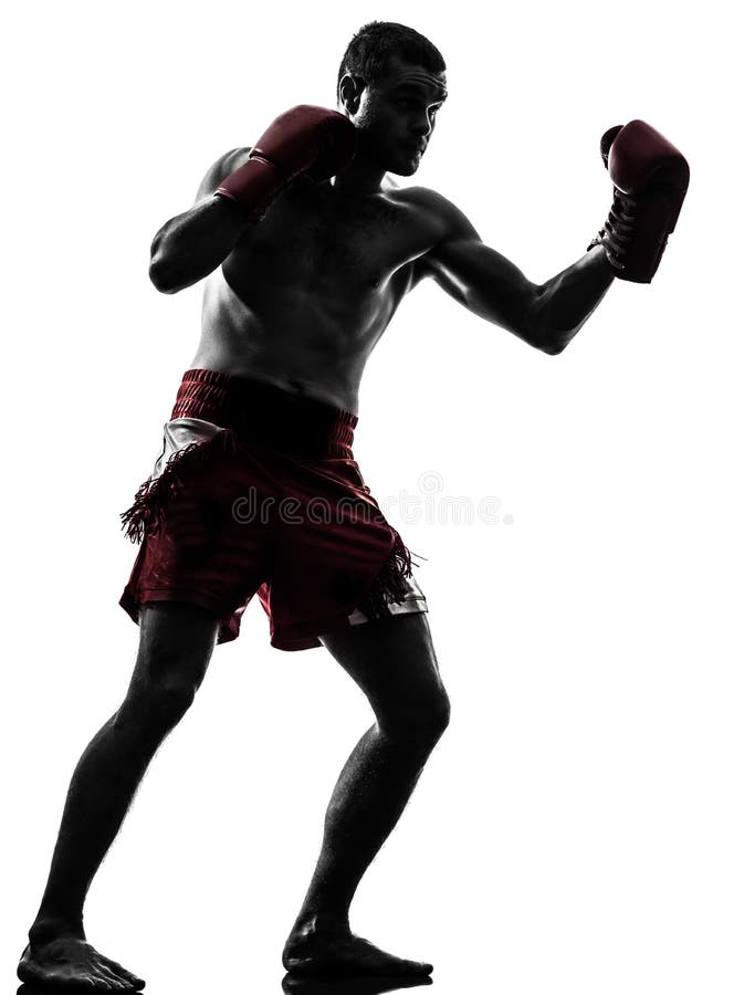 One man exercising thai boxing silhouette stock image One man exercising thai boxing silhouette stock image