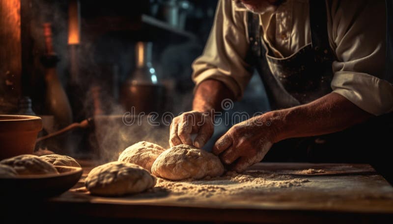 One Man Kneading Homemade Dough On Table Generative Ai Stock Illustration Illustration Of Chef