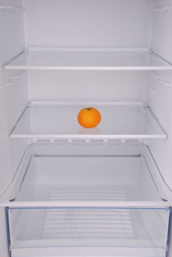 One Mandarin in Open Empty Refrigerator. Stock Photo Image of diet
